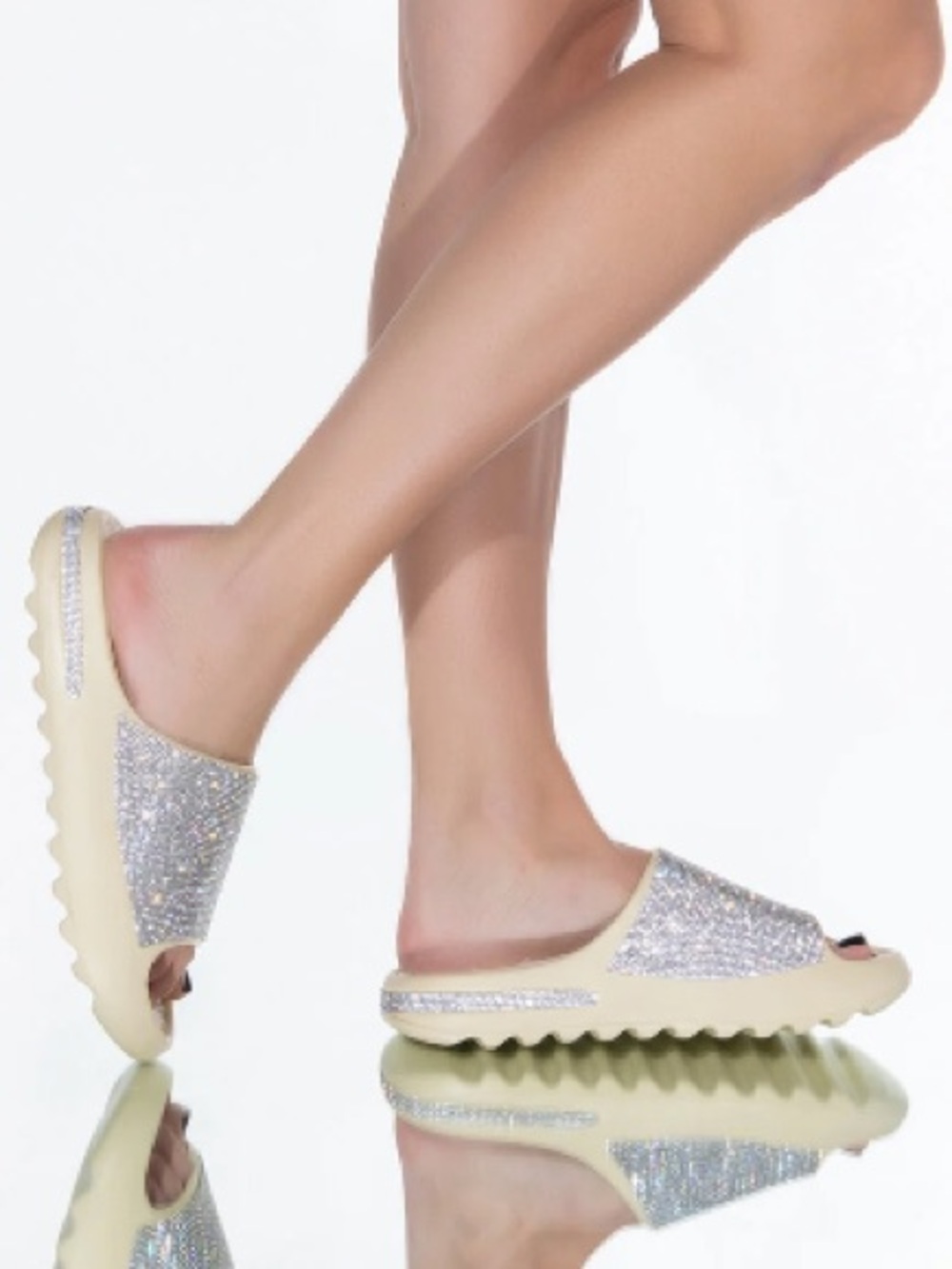 Akira LET IT GO FLAT Rhinestone Slide Fur SANDAL 7 BONE